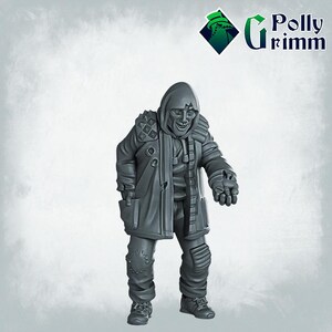 May include: A gray painted miniature figurine of a person wearing a hooded jacket, pants, and boots. The person has a mischievous expression on their face.