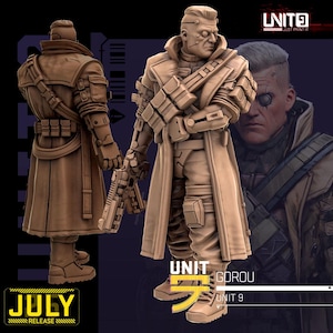 Op de afbeelding: Een beige miniatuurfiguur van een personage genaamd Gorou van Unit 9, afgebeeld in een lange jas met tactische uitrusting, een mechanisch oog en een wapen. Het figuur is van voor- en achterkant te zien met de tekst UNIT 9 en JULY RELEASE.