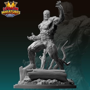 May include: A grey 3D printed miniature of a creature with a humanoid body and a tree-like texture. The creature has a menacing expression and is posed in a dynamic stance with one arm raised.