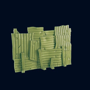 May include: A green corrugated metal wall made of multiple pieces of metal, some with holes, and some with wood planks attached. The wall is a miniature model for a tabletop game or diorama.