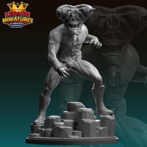 May include: A gray 3D printed miniature of a Green Lantern character with a monstrous alien head. The character is standing on a rocky base.