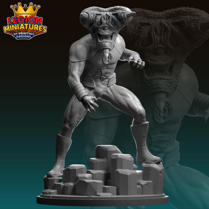 May include: A gray 3D printed miniature of a Green Lantern character with a monstrous alien head. The character is standing on a rocky base.
