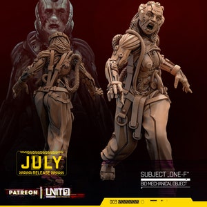 Könnte beinhalten: Ein 3D-gedrucktes Modell einer biomechanischen Figur mit einer detaillierten, strukturierten Oberfläche. Die Figur ist in einer dynamischen Pose mit einem erhobenen Arm und dem anderen ausgestreckten Arm dargestellt. Die Figur hat ein abgenutztes, verwittertes Aussehen mit sichtbaren mechanischen Komponenten. Der Text "SUBJECT "ONE-F"" und "BIO-MECHANICAL OBJECT" ist unterhalb der Figur sichtbar.