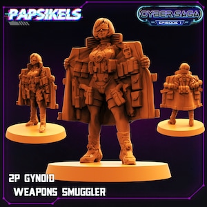 May include: A 3D printed miniature of a female character wearing a long coat and holding a gun. The character is wearing a futuristic outfit and has a cybernetic eye. The miniature is painted in a brown color and is standing on a round base. The text "2P GYNOID WEAPONS SMUGGLER" is printed on the base. The miniature is part of a game called "CYBER SAGA EPISODE 1".