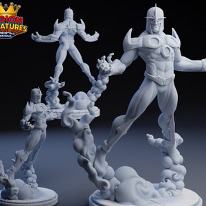 May include: A 3D printed miniature of a superhero figure with a white and blue costume, standing on a cloud-shaped base. The figure has a helmet with a large, circular symbol on the front. The figure is posed with arms outstretched, as if in a heroic stance.