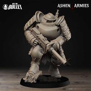 Könnte beinhalten: Graue Miniaturfigur eines futuristischen gepanzerten Soldaten, der ein Gewehr hält. Die Figur befindet sich in einer hockenden Position auf einem schwarzen Sockel. Die Texte "Bite the Bullet" und "Ashen Armies" sind sichtbar.