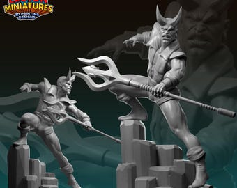 May include: Two grey 3D-printed miniature figures of a horned demon with a trident. The figures are posed on rocky platforms, with one figure in a dynamic stance, and the other in a similar pose. The Legion Miniatures logo is in the upper left corner.