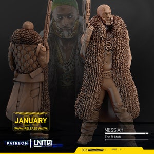 Op de afbeelding: Een 3D-geprint miniatuurfiguur van een persoon die een lange, bruine bontjas draagt en een pistool vasthoudt. Het figuur staat op een zwarte achtergrond. De tekst "MESSIAH The B-Mob" is onder het figuur gedrukt.