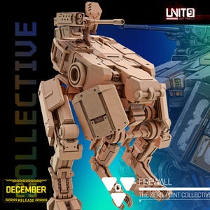 Può includere: Un robot meccanico color beige con un cannone in cima, etichettato "Firewall" e "The Zero Point Collective". L'immagine include anche il testo "December Release" e il logo "LNIT9 JUST PRINT IT."