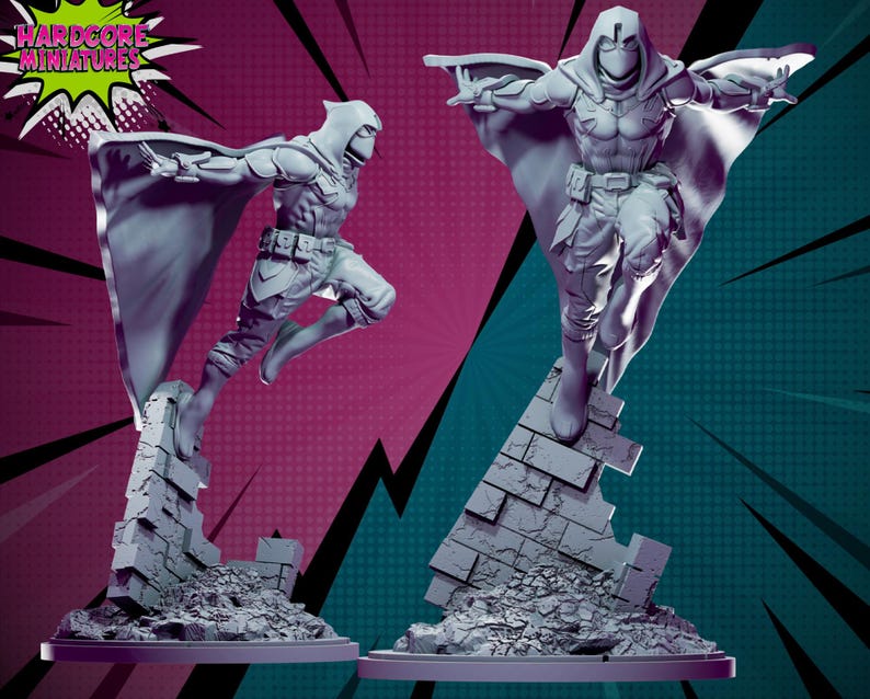 May include: A gray 3D printed miniature of a hooded figure in a dynamic pose, standing on a broken brick base. The figure is wearing a long hooded cloak and has a mask covering their face. The miniature is part of a set of fantasy figures.