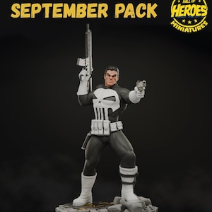 May include: A 40mm scale miniature of The Punisher, a comic book character, holding a rifle and a pistol. The figure is in a dynamic pose, wearing a black and white costume with a skull emblem. The text "SEPTEMBER PACK" is at the top.