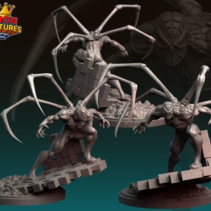 May include: A 3D printed miniature of a spider-like creature with multiple legs and a detailed textured body. The creature is posed in a dynamic stance, standing on a broken stone base. The miniature is painted in a gray color.