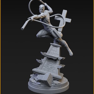May include: A gray, detailed figurine of Silver Age Daredevil in a dynamic pose, wielding a weapon. The figure is atop a detailed, weathered base with a cross. The base is 40mm on a 35mm base. The text "SILVER AGE DAREDEVIL (RED SUIT)" is visible.