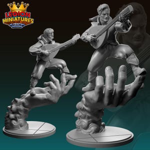 May include: A gray 3D-printed miniature of a musician playing a lute, standing on a sculpted hand. The miniature is on a round base. The logo "LEGION MINIATURES 3D PRINTING DESIGNS" is in the upper left corner.