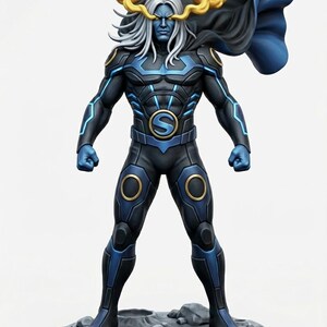 May include: A figurine of a blue-skinned character with long white hair and glowing yellow energy swirls around the eyes. The figure wears a black and blue suit with a circular S emblem on the chest, standing on a gray cratered lunar base.