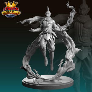 May include: A gray 3D printed miniature figure of a humanoid character with pointed ears and a mohawk, wearing a scarf and loose pants, floating above a circular base while surrounded by a swirling, sculpted cloud of smoke or energy.