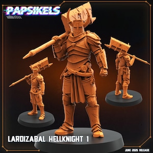 May include: A 3D-printed figurine of a Hellknight warrior, holding a large hammer. The figure is in a standing pose, wearing detailed armor and a horned helmet. The base is black, and the text "Lardizabal Hellknight 1" is visible.