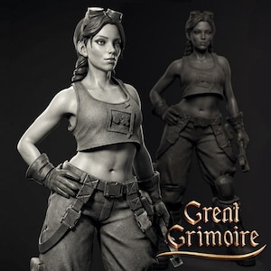 May include: A monochromatic 3D figurine of a character wearing a cropped tank top with a square emblem, cargo pants, gloves, and goggles on their head. The figure stands in a confident pose. The text Great Grimoire is visible in the bottom right corner.