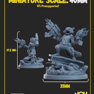 May include: Two gray miniature figures of a raccoon-like character holding large guns. The figures are on a base with debris. The image includes text that reads "MINIATURE SCALE: 40MM" and "35MM" and "47.2 MM". The figures are available on Patreon.