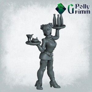 May include: A gray figurine of a woman holding trays with drinks. The figure is wearing a uniform and has her hair styled up. The Polly Grimm logo is visible in the upper right corner.