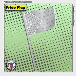 Könnte beinhalten: Eine weiße Flagge mit einem grauen geometrischen Muster, auf einem Stock, vor einem grünen Punktmuster-Hintergrund. Die Flagge trägt die Aufschrift "Pride Flag".