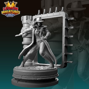 May include: A grey 3D-printed miniature of a female figure in a long coat and hat, holding a gun. The figure is posed dynamically on a circular base. The Legion Miniatures logo is visible in the upper left corner.