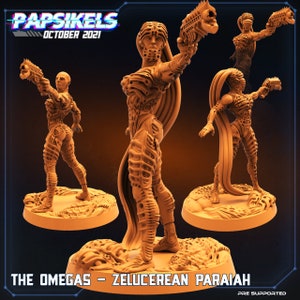 Puede incluir: Una miniatura impresa en 3D de una figura femenina con un diseño biomecánico, sosteniendo un arma. La figura está de pie sobre una base texturizada. El texto "THE OMEGAs - ZELLUCEREAN PARIAIH" es visible en la parte inferior de la imagen.