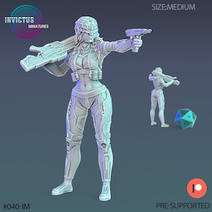 May include: A gray, pre-supported, 3D printed miniature of a female figure in futuristic armor, holding a gun and a large weapon. The miniature is labeled "#040-IM" and "SIZE:MEDIUM".