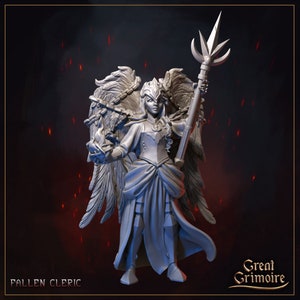 May include: A white, 3D printed miniature of a fallen cleric with feathered wings, holding a staff with a crescent moon design. The figure is standing on a dark red background with sparks.