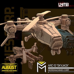 Puede incluir: Un modelo beige claro del helicóptero ARC-12 'Skyjack', con múltiples rotores y un diseño detallado. La imagen incluye el texto "AUGUST RELEASE" y el logotipo de Micro Machines Corp.