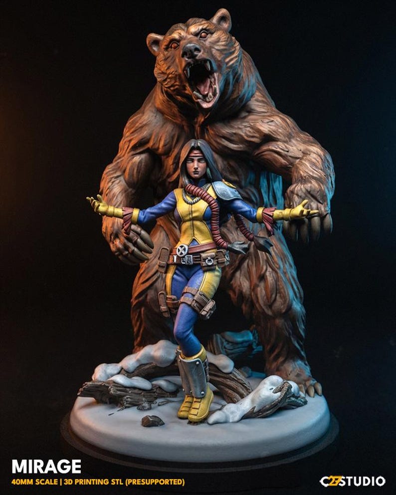 May include: A detailed figurine of a woman in a blue and yellow costume, arms outstretched, with a large brown bear behind her. The base is a snowy landscape. The text "MIRAGE" and "40MM SCALE | 3D PRINTING STL (PRESUPPORTED)" are at the bottom.