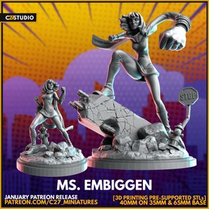 Op de afbeelding: Een 3D-geprint miniatuur van een superheldin, Ms. Embiggen, die op een gebroken betonnen blok staat. Ze draagt een rood-blauw kostuum met een cape en heeft een grote, uitgestoken hand. De miniatuur is vooraf ondersteund en wordt geleverd in 40 mm op 35 mm en 65 mm bases. JANUARY PATREON RELEASE PATREON.COM/C27_MINIATURES [3D PRINTING PRE-SUPPORTED STLS] 40MM ON 35MM & 65MM BASE