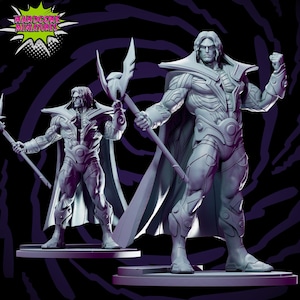 May include: A gray 3D printed miniature of a figure with long hair, wearing a cape and holding a spear. The figure is standing on a round base. The miniature is printed in a gray plastic.