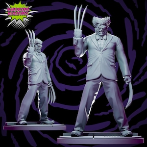 May include: A grey 3D printed miniature figurine of a character wearing a suit and bow tie, with claws extended. The figurine is posed in a dynamic stance, with one hand raised and the other holding a claw. The figurine is set against a purple and black background.
