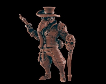 May include: A brown, detailed miniature figurine of a character wearing a hat, a long coat, and a mask. The character is holding a pistol in one hand and a skull-topped staff in the other.