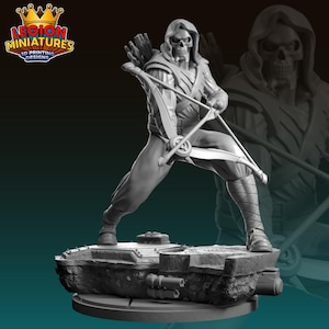 May include: A gray 3D printed miniature figure of a hooded skeleton archer holding a bow and arrow, standing on a textured base. The figure wears a tunic and leggings with wrapped boots. The logo Legion Miniatures 3D Printing Designs is visible.
