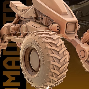 Puede incluir: Un vehículo Khamsin Strider futurista de color beige con neumáticos grandes y resistentes. El vehículo tiene un diseño aerodinámico con un carenado frontal y un prominente logotipo de NOMAD TRIBE. La imagen también incluye el texto "SEPTEMBER RELEASE".