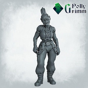 May include: A gray figurine of a female warrior with a mohawk hairstyle, wearing a futuristic outfit with a hexagonal pattern on the chest. The figure has a stern expression and is standing upright. The Polly Grimm logo is in the upper right corner.