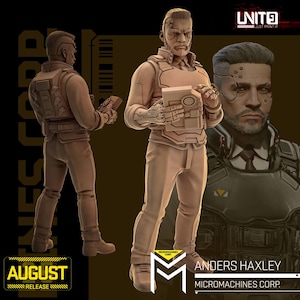 以下が含まれることがあります： Micromachines Corp. の Anders Haxley の 3D レンダリングされたフィギュアは、未来的な衣装でタブレットを持っています。 画像には、側面図と顔のクローズアップが含まれています。 「August」という単語が黄色のボックスに表示されています。