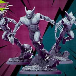 Peut inclure: Trois figurines grises de Wolverine en poses dynamiques, chacune avec des griffes déployées. Les figurines sont sur des socles rocheux, sur un fond violet et turquoise avec le texte "HARDCORE MINIATURES" dans un style bande dessinée.
