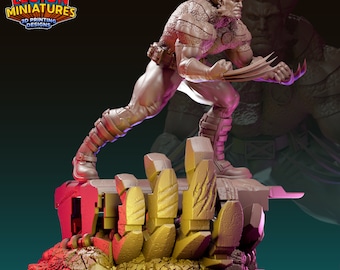 May include: A detailed, unpainted, 3D printed miniature of a superhero character with claws, standing on a rocky base. The character is in a dynamic pose, with one leg raised and claws extended. The miniature is designed for tabletop gaming or display.