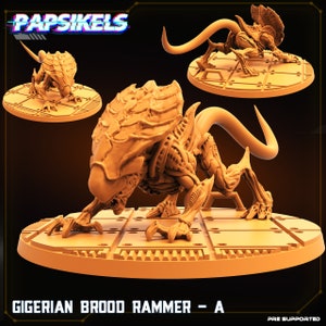 May include: A detailed, 3D printed model of a Gigerian Brood Rammer, a creature from the Alien franchise. The model is painted in a light brown colour and is posed in a crouched position, ready to attack. The model is on a circular base with a textured surface.