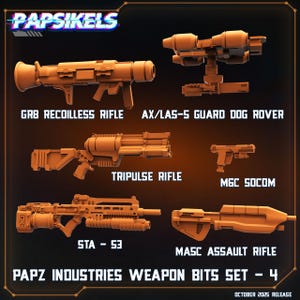 May include: An assortment of orange-colored weapon models, including rifles and a rover, are displayed against a dark background. Text identifies each weapon: GR8 Recoilless Rifle, AX/LAS-5 Guard Dog Rover, Tripulse Rifle, MGC SOCOM, STA - 53, and MASC Assault Rifle. The text "PAPZ INDUSTRIES WEAPON BITS SET - 4" is also visible.