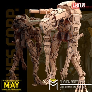 Puede incluir: Dos figuras de robots articuladas, de color marrón, con un diseño futurista. Las figuras están en una postura dinámica. El texto "Fusion Breed V2" y "Micromachines Corp" es visible en la imagen.