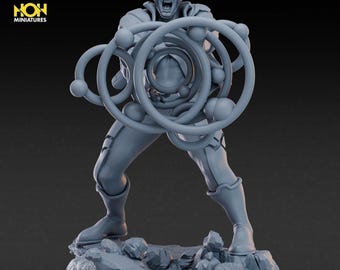 May include: A gray resin miniature figure of a character with a headband, standing on a rocky base. The figure is in a dynamic pose, projecting a series of interconnected circular rings and spheres forward. Text in the corner reads JULY LINEUP #10.