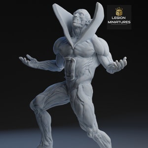 Peut inclure: Une miniature en 3D imprimée en blanc, détaillée, d'une figure humanoïde avec un grand col ouvert. La figure a une apparence squelettique et est posée dans un geste dramatique, en atteignant.