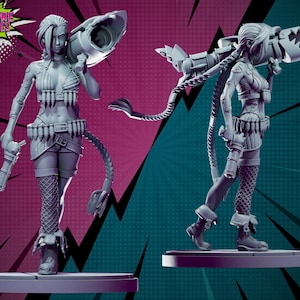 May include: A gray 3D printed miniature of a female figure with a large weapon on her back. She is wearing a short skirt, fishnet stockings, and boots. The figure is standing on a round base.