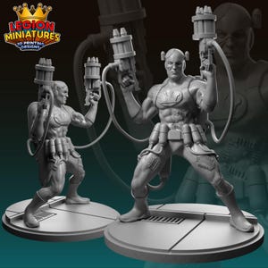 May include: Two gray 3D-printed figures of a muscular person holding futuristic weapons. The figures are on circular platforms with a logo that reads "Legion Miniatures 3D Printing Designs". The figures have a cyborg-like appearance with visible stitching and mechanical details.