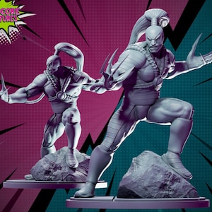 May include: Two gray painted figurines of a character with a long ponytail and sharp claws. The character is posed in a dynamic fighting stance. The figurines are on a gray rock base.