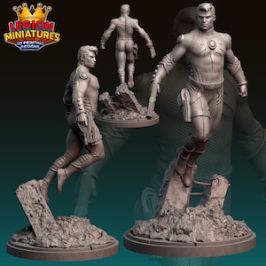 May include: A 3D-printed miniature of a male superhero in a futuristic suit, holding a gun. The figure is in mid-air, posed dynamically above a rubble base. The logo "LEGION MINIATURES 3D PRINTING DESIGNS" is in the top left corner.